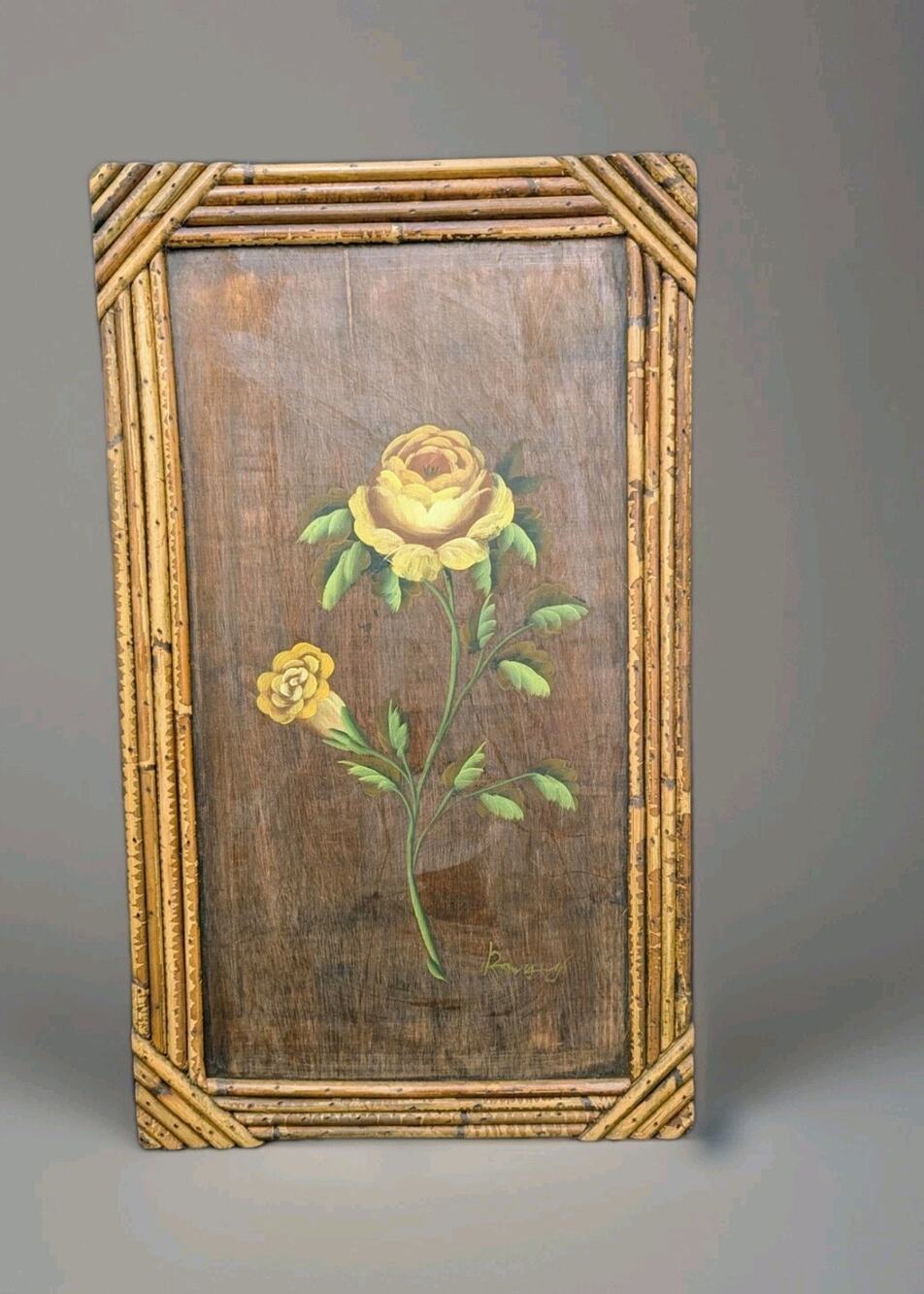 MCM Floral Oil Painting On Board Bamboo Frame Peonies Rose Floral Moody 12 X 20"